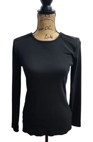 Lauren Ralph Lauren Long Sleeve Top Lace‎ Shoulder Detail Black Size M thumbnail 1