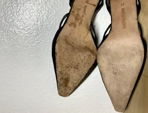 Manolo Blahnik Suede Sling Back Kitten Heel Straps Pointed Toe Black 37 6.5 thumbnail 5