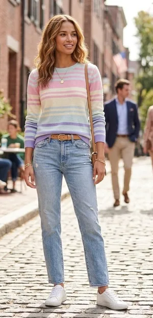 J.McLaughlin Cashmere‎ Cotton Striped Sweater Pastel Multicolor Crew Neck Medium thumbnail 1
