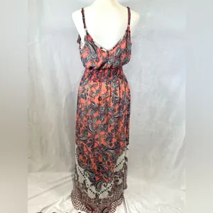 Pink and white paisley print boho smocked ruffle maxi dress size XL thumbnail 7