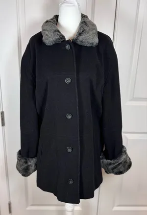 Vintage Andrea Wool Faux Fur Collar Swing Coat Black Car Coat Women L thumbnail 1