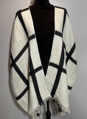 LOFT Poncho Cape Knit Sweater Ivory/Black Windowpane Check Acrylic Size M/L thumbnail 1