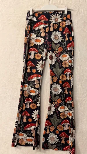 Unbranded Mushroom Daisy Floral Flare Pants Womens Small Retro Boho Bell Bottoms thumbnail 1