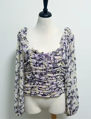 Free People Mabel Lilac Combo Purple Yellow Floral Sheer Puff Sleeve Top Large thumbnail 1