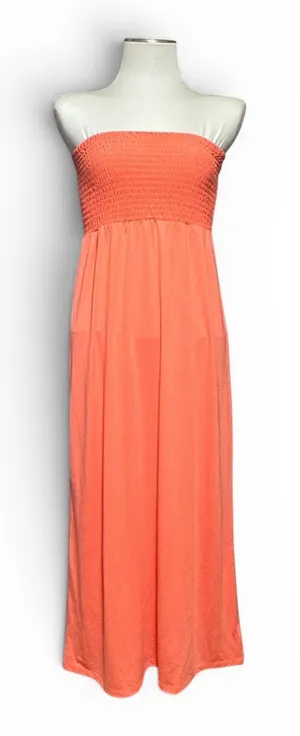 Papaya Strapless Shirred Stretch Maxi Dress Coral Pink Medium thumbnail 1