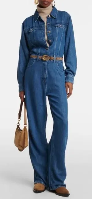 7 For All Mankind‎ Western Denim Jumpsuit Long Sleeve Wide Leg Dolly Blue Medium thumbnail 1