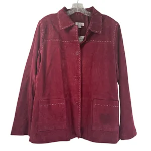 Denim & Co Burgundy Washable Leather Jacket Contrast Stitch Barn Coat Large Flaw thumbnail 1