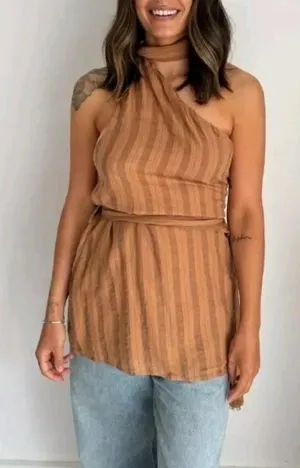 Zara NWT One shoulder striped linen beaded multiway one shoulder wrap top thumbnail 1