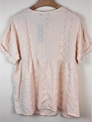 MIROL NWT Swiss Dot Textured V Neck Babydoll Tunic Blouse Pink Large Boho thumbnail 3