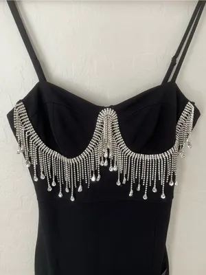 Lulus Divine Extravagance Black Rhinestone Fringe Bustier Maxi Dress Black NEW M thumbnail 6