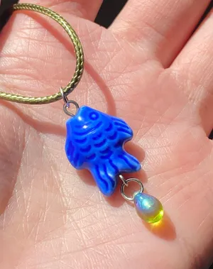 unique funky cute blue ceramic fish & Czech glass teardrop necklace⭐️🐟💕 thumbnail 3