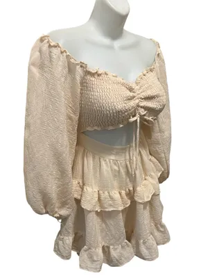 Windsor Milkmaid Smocked Ivory Ruffled Mini Dress S Ruched Top Tier Skirt Balloon Sleeve thumbnail 2