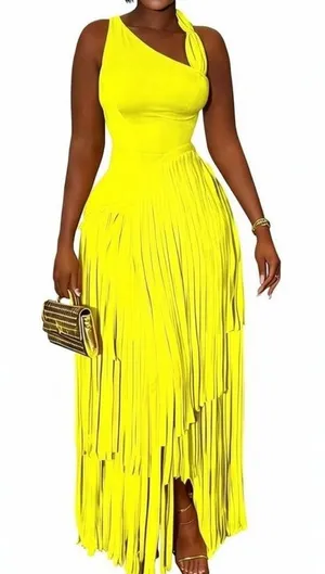 NWT ~ Women's Long Sleeveless Bright Yellow Fringe Maxi Party Dress ~ Size XL thumbnail 1