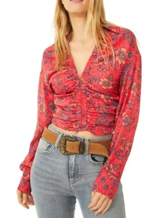 Free People Pink Red Floral "IGot You" Smocked Ruched Long Sleeve Crop Top - Rub thumbnail 1