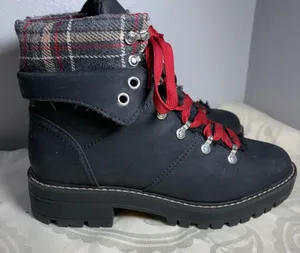 No Boundaries Black Lace-Up Boots with Red Laces and Plaid Cuff thumbnail 1