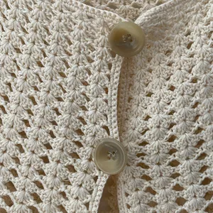 Vintage Crochet Open Knit Cardigan Sweater Medium Cream Ivory Button Up Handknit thumbnail 4