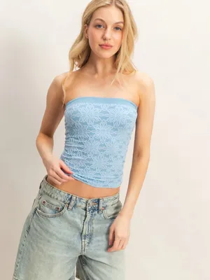 NEW HYFVE Sky Blue Floral Jacquard Tube Top with Shelf Bra – Medium thumbnail 6