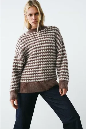 ZARA Wool Chunky Knit Oversized Sweater Brown Grey Stripes‎ Pullover Knit Small thumbnail 1