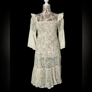 Vintage Cream Lace Velvet Victorian Cottagecore Dress Flare Sleeves Ruffle thumbnail 2
