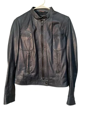 Vera Pelle Women's Size 46 Vegan Leather Jacket Dark Blue Gray Moto Full Zip thumbnail 1