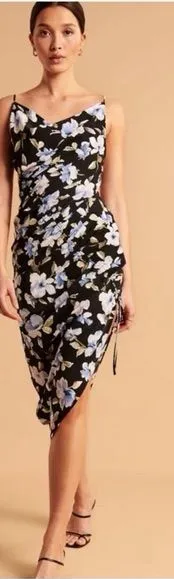 Abercrombie & Fitch Floral Asymmetrical Midi Dress Cowl Neck Cinched Slit Size L thumbnail 1