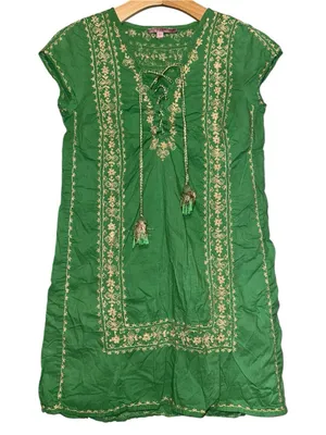 Calypso St. Barth XS Green Gold Embroidered Cotton Lace Up Tassel Tunic Dress thumbnail 2