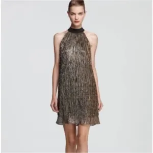 Laundry by Shelli Segal Metallic Gold Sleeveless Dress with Bow Neck Size 8 NWT thumbnail 3