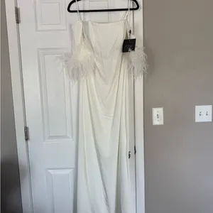 Mac Duggal Long Off Shoulder Feathers Formal Bridal Gown thumbnail 2