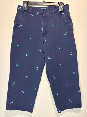 Tahiti Reef Club Martini Glass Embroidered Wide Leg Capri Pants Blue Size 8 thumbnail 1