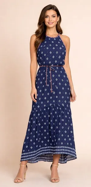C. Wonder Halter Maxi Dress Womens 14 Blue Geometric Ikat‎ Tiered Boho Summer thumbnail 1