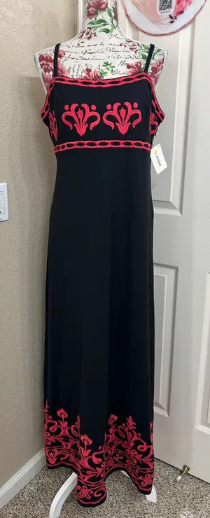 INC International Concepts Black Maxi Dress with red Embroidery size L thumbnail 2