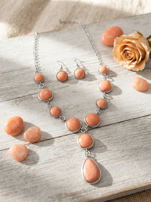NWT Boutique Peach & Silver Southwestern Y-Necklace & Earring Set thumbnail 1