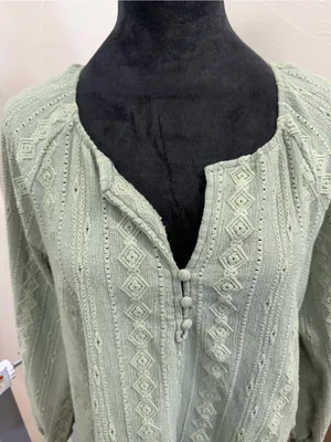 Frye Button Popover Crochet Boho Pistachio Green Blouse Embroidered Textured L thumbnail 2