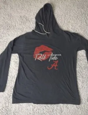 Alabama Crimson Tide Black Rhinestone Lips Roll Tide Hooded Tee Long Sleeve L thumbnail 1