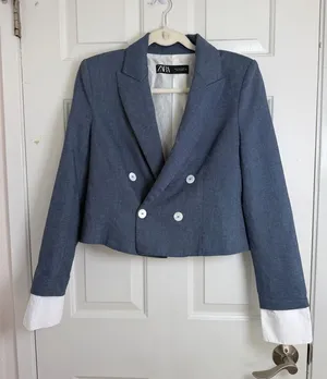 Zara Cropped Double-Breasted‎ Blazer in Blue with White Cuff Detail thumbnail 1
