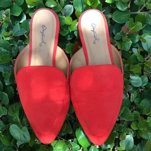 Qupid tomato red micro suede slides thumbnail 1