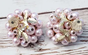 Vintage Clip On Earrings - Pink with Gold Tone Leaf Detail thumbnail 1