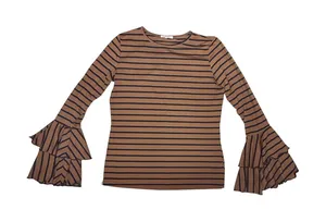 andthewhy Brown Black Striped Long Sleeve Ruffle Bell Sleeve Top Womens Small thumbnail 1