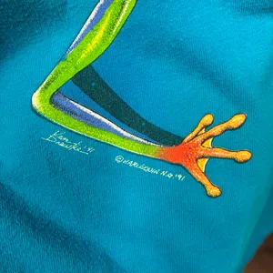 Vintage 1991 Teal Blue Wraparound Graphic Nature Frog Art tee Large L Single thumbnail 6