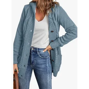 Women's Cardigan Sweater Knit Double Pocket Long Sleeve Hooded‎ Cardigan Outwear thumbnail 3