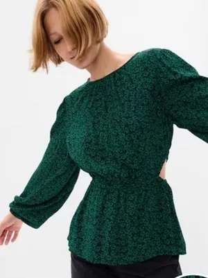 GAP Green Floral Cutout Peplum Rayon Long-Sleeve Top S Casual thumbnail 1