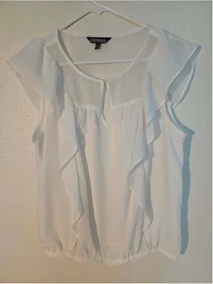 Express Women’s Ruffle Keyhole Chiffon Blouse Blouson Waist White Medium W-243 thumbnail 1