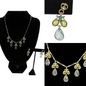 Light Blue Green Teardrop Crystal Necklace Earring Gold Tone Set 2028 Brand thumbnail 3