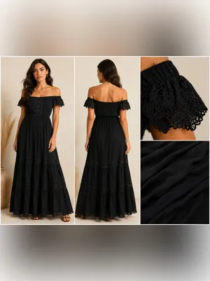 J for Justify Black One-Shoulder Maxi Dress with Crochet Trim Size M thumbnail 2