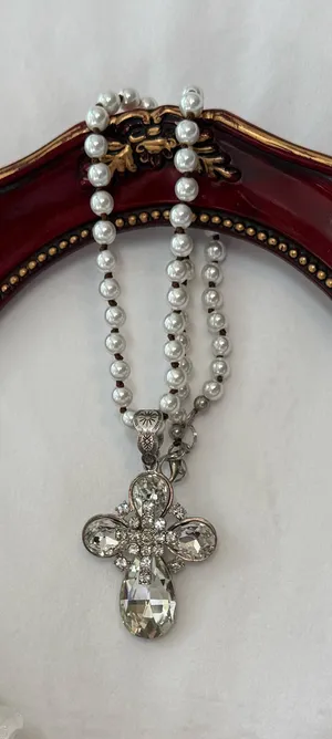 Crystal cross necklace on fashion pearl chain thumbnail 1