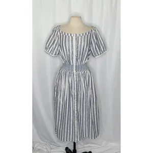 Anthropologie SEEN WORN KEPT Jenna Lurex Stripe Dress Blue White‎ Midi Size 12 thumbnail 2