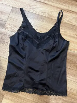 Source Unknown Camisole Tank Top Wm Sm Black Satin Lace Trim Lingerie Cami Y2K Romantic Goth thumbnail 1