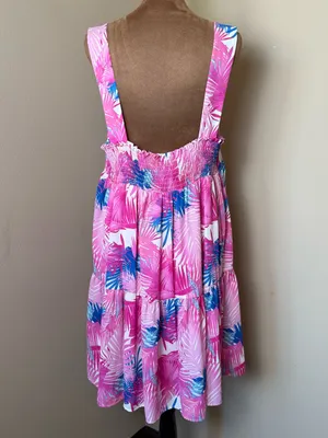 NWT Adrienne Bold Palm Tiered Dress Women Large Pink White Resort Tropical Beach thumbnail 2