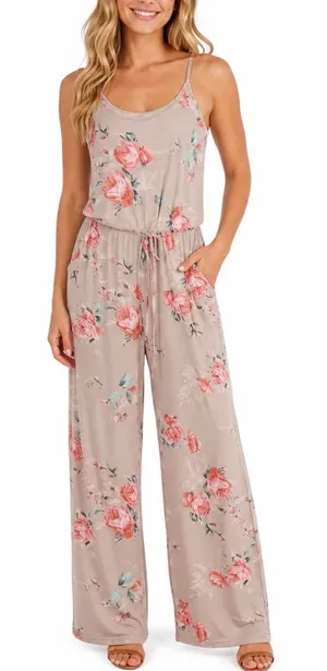 Floral Wide Leg Jumpsuit Mauve Pink Rose Print Spaghetti Strap Pockets Large thumbnail 1