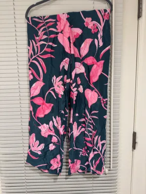 Dark Green Pink Floral Anthropologie Satin Pants thumbnail 4